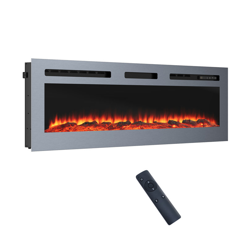 Wall Mounted/Recessed-In Stainless Steel Electric Fireplace, 17" H x 60" W x 4.1" D