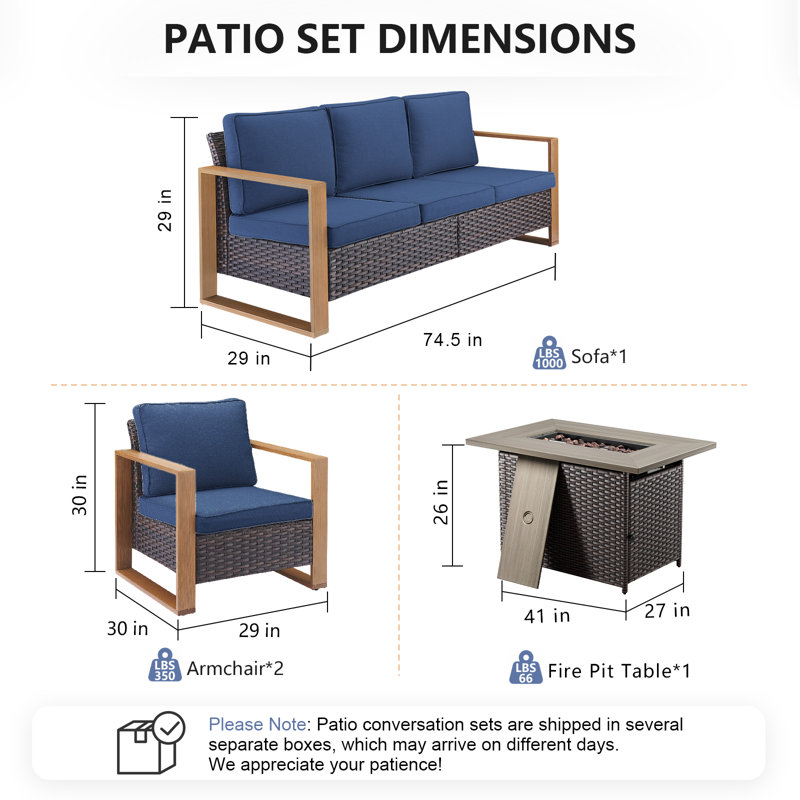 Ensemble de conversation avec canapé en osier 4 pièces Lisieux, 4 Pcs: Firepit Table, Sofa, 2 Fixed Chairs, Blue, Brown