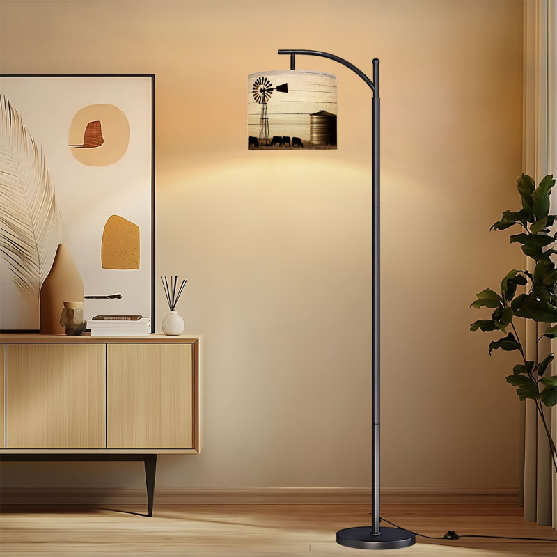 Lampe sur pied à arc avec abat-jour réglable Western Farmhouse Highland Cow Rustic Windmill Structure