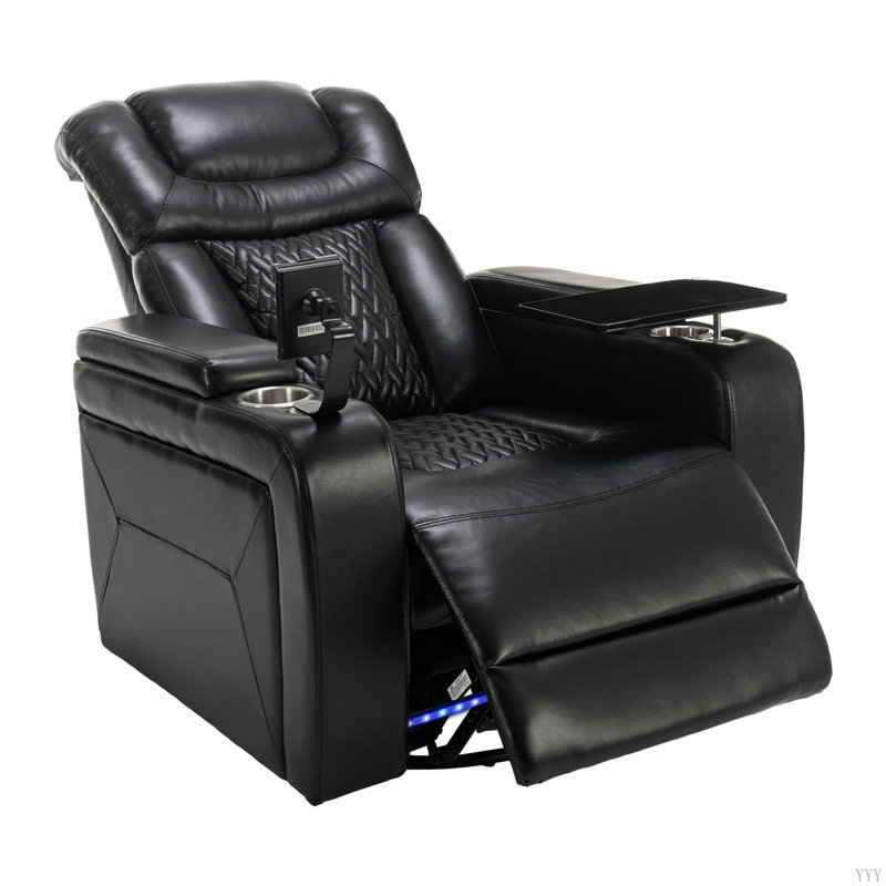 270 Degree Swivel PU Leather Power Recliner Individual Seat Home Theater Recliner With Tray Table,  Phone Holder, Cup Holder,  USB Port, Hidden Arm Storage For Living Room