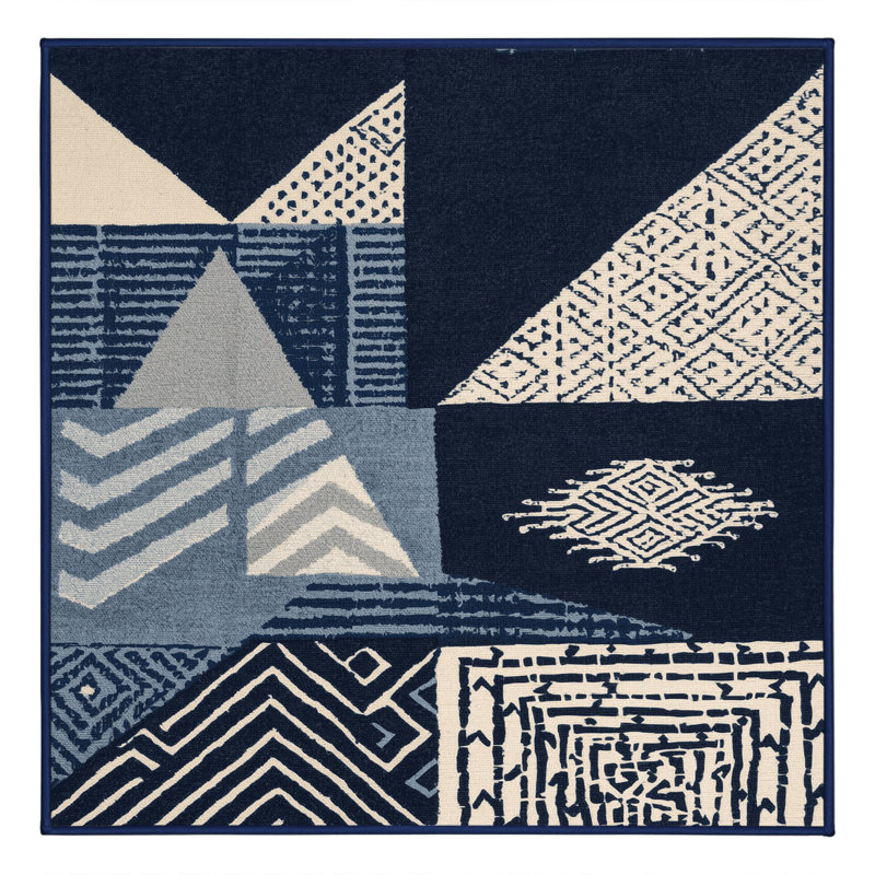 Machine Washable Bemott Global Inspired Block Print Rug in Gray – Navy Binding, 8' Square