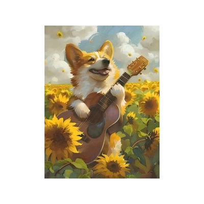 Sunflower & Funny Corgi Pictures Guitar Unframed Canvas Wall Art  12" X 16"