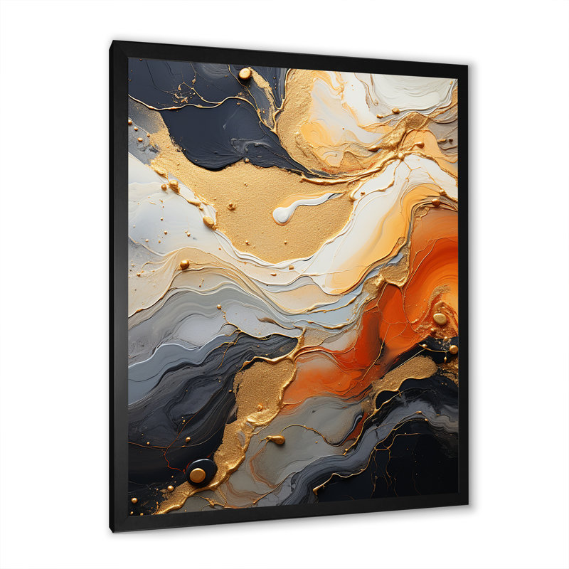 Art mural doré et blanc Geode Lava II, Cadre simple noir, H 44 po x l 34 po x P 1,5 po