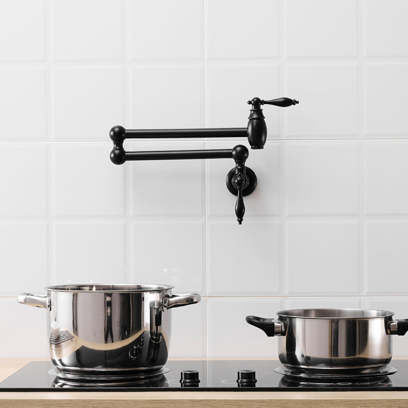 Wall Mounted Pot Filler Faucet, Brass Kitchen Faucet With Double Joint Swing Arms, Matte Black, Classic Style, Safe And Leak - , Ceramic Valves, Easy To Clean Nickel Finish, Stretchable Smooth