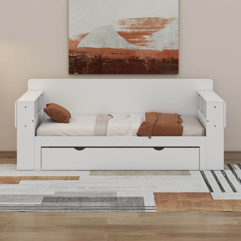 Daybed With Removable Desk, Storage Drawers & Hydraulic Side Table, White, Queen