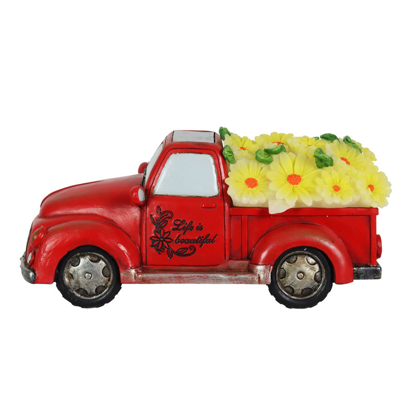 Exhart Solar Retro Truck with LED Sunflowers Old Fashioned Transportation Garden Statuary, 5 Inch