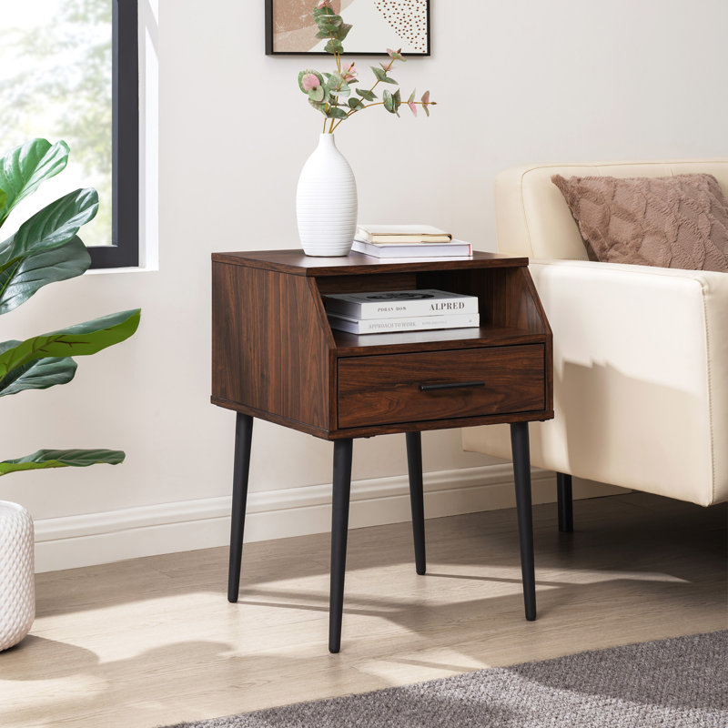 Contemporary Angled 1-Drawer Nightstand, Dark Brown