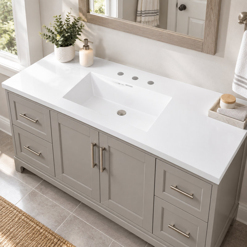 Dessus de meuble-lavabo en résine 47,25 po avec lavabo, blanc brillant, 3 trous pré-percés, encastré ou encastré