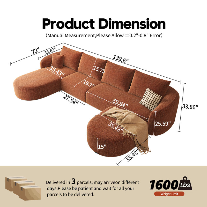 Canapé modulaire incurvé modulaire en forme de U avec repose-pieds, style minimaliste et confortable, sans assemblage requis