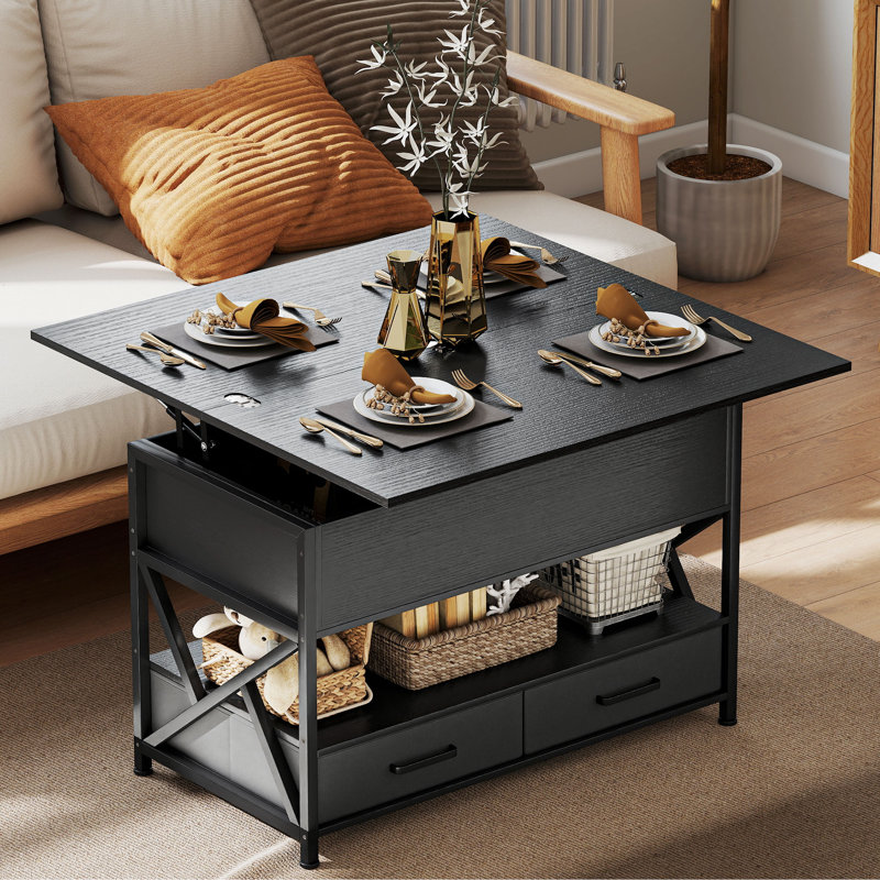 Table basse à plateau relevable, table centrale avec compartiments cachés, noir, Noir, Black