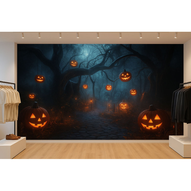 Murale de la forêt hantée Jack-O’-Lantern - Papier peint d'Halloween effrayant pour le bureau ou la maison, L 75 po x l 50 po