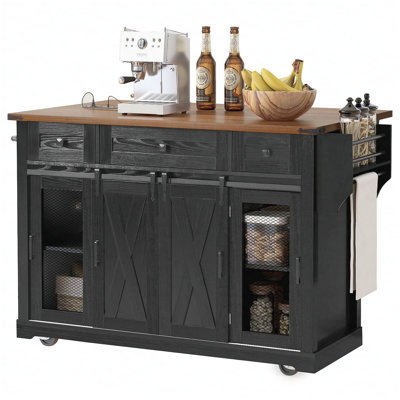 58" Farmhouse Kitchen Island with Storage, Sliding Barn Door & Metal Grid Side Door, Rolling Kitchen Island on 5 Wheels with Spice Rack, Glass Holders,Island Table with Drop Leaf for Kitchen,Black