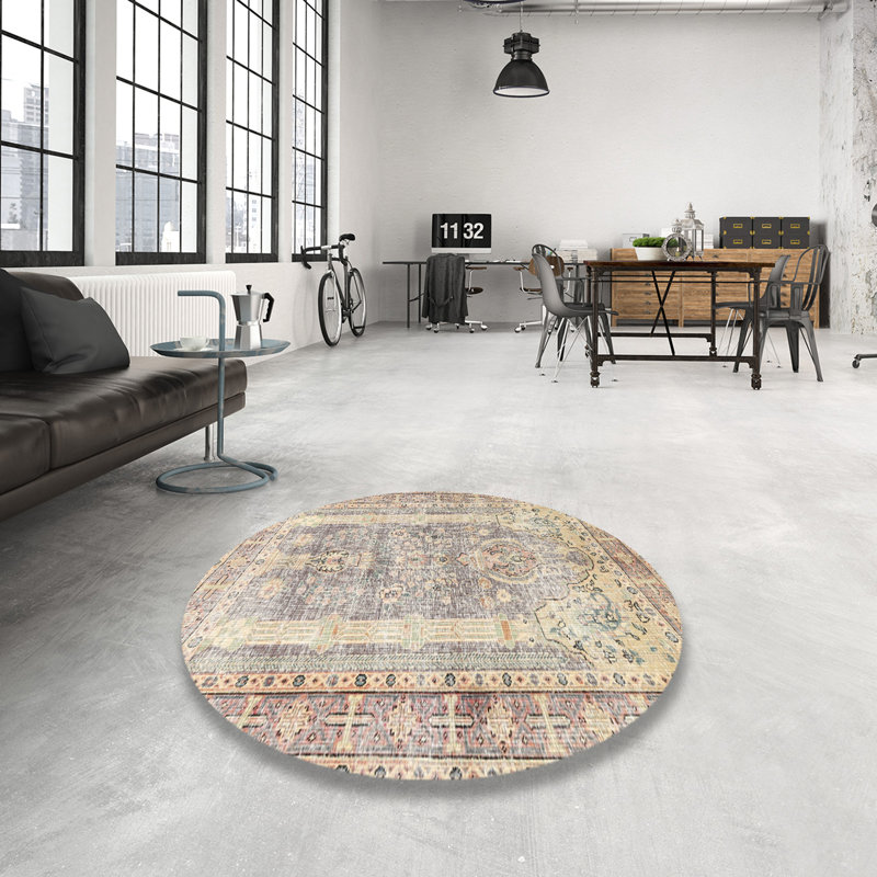 Tapis traditionnel crème / gris / rouge, Rond 6 pi