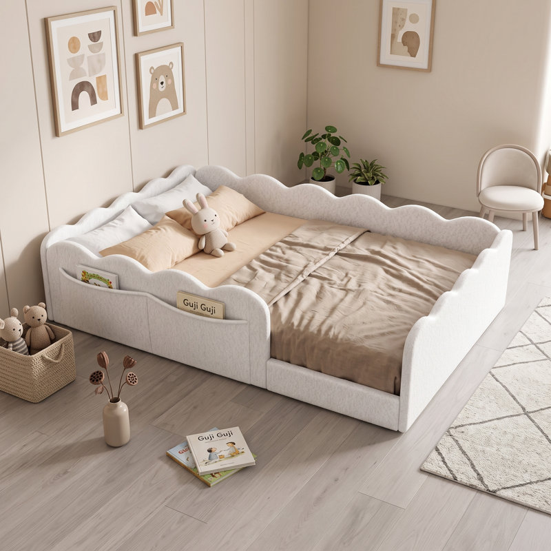 Lit de plancher rembourré avec lattes, Lit double, Blanc