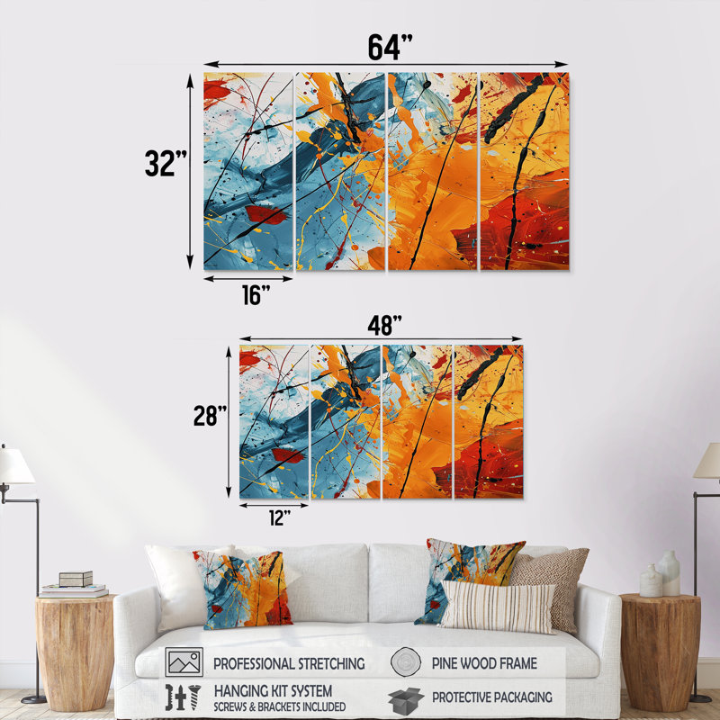 Corderro - Art mural abstrait, toile 4 pièces, H 28 po x l 48 po