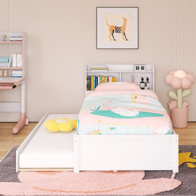 Wood Frame Twin Size Bed With Trundle,Bookcase