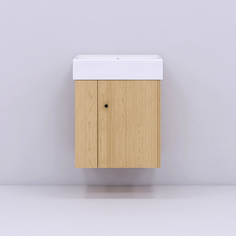 21,6 po Petit meuble-lavabo mural moderne avec lavabo en céramique et rangement à gauche, Bois, Noir