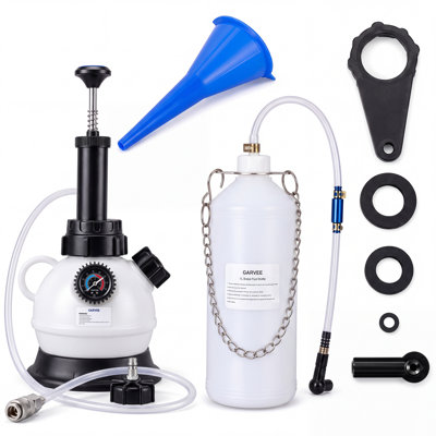 Ensemble de purge de frein manuel de 2 L avec manomètre et soupape de sûreté, fabrication en PE et en nylon, adaptateur de 43,5 mm et bouteille de déchets de 1 L pour chasse de liquide de frein One-Man