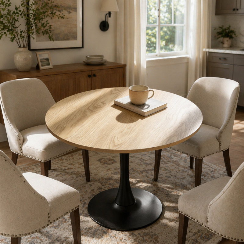 (Table en bois naturel), table de salle à manger moderne de 31,5 po, table de salle à manger, plateau en panneau de fibres à densité moyenne et base tulipe ronde en acier, table de cuisine, table basse de style Mid-Century pour le salon, table de salle à manger ovale
