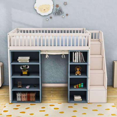 Full Loft Bed With Shelves, Storage Staircase, And Blackout Curtain