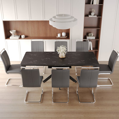 6 - 8 Person Dining , 62.4" 78.15" Extendable, + Metal, Black Gray, Mesmerizing Show, With Chairs Expandable Table, Distinctive Outlook,