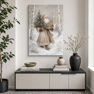 Vintage Santa Christmas Woodland Artwork, Living Room Pictures, Framed Canvas Giclee Print Wall Art