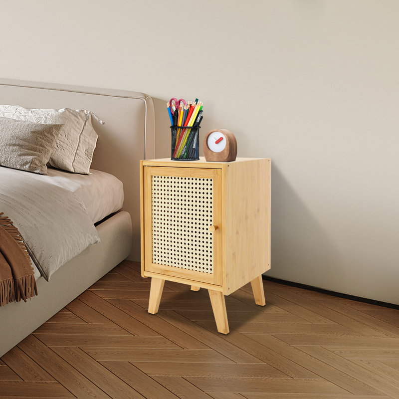 Modern Bamboo Bedside Table with Ventilated Door, 12" Narrow Nightstand with Storage Cabinet, Wood End Table for Small Spaces, Bedroom, Living Room