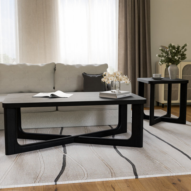 Ensemble de 2 tables de salon en bois massif avec tables de bout et salon, Noir, 2 pièces: table de bout, table de chevet