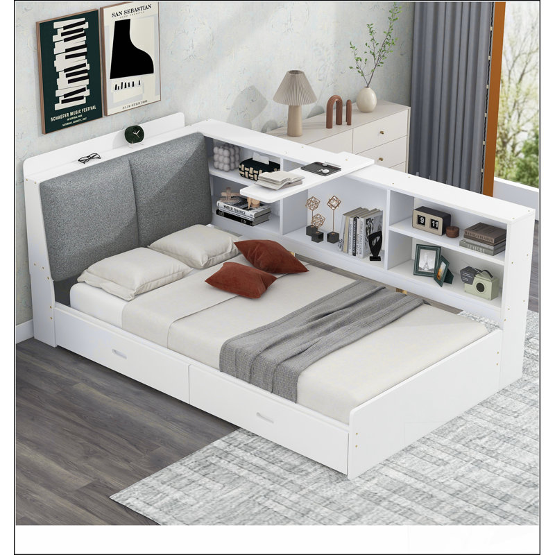 Lit plateforme en bois avec tête de lit, tablettes et 2 tiroirs, Blanc