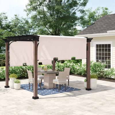 Sunjoy Mesquiter Outdoor Pergola 11 x 11 ft. Black Steel Pergolas with Retractable Tan Sun Shade Canopy for Patio, Backyard,