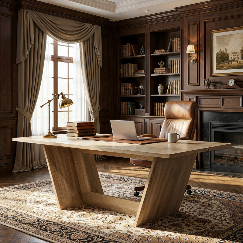 81.5'' Executive Computer Desk With V-Shaped Base, Oak Finish