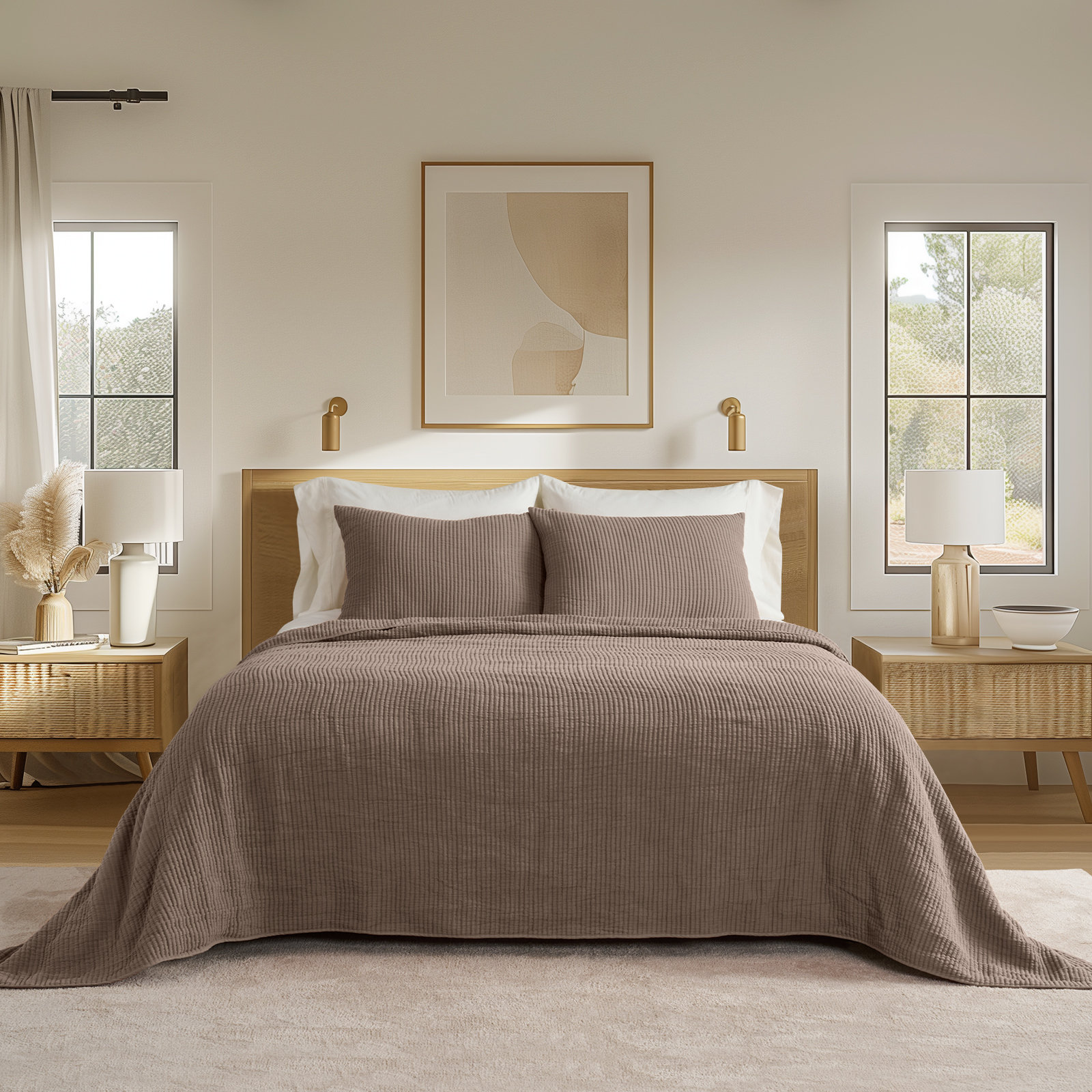 Ribbed Matelassé Cotton Coverlet Set, Queen Quilt + 2 Queen Shams, Mocha Brown