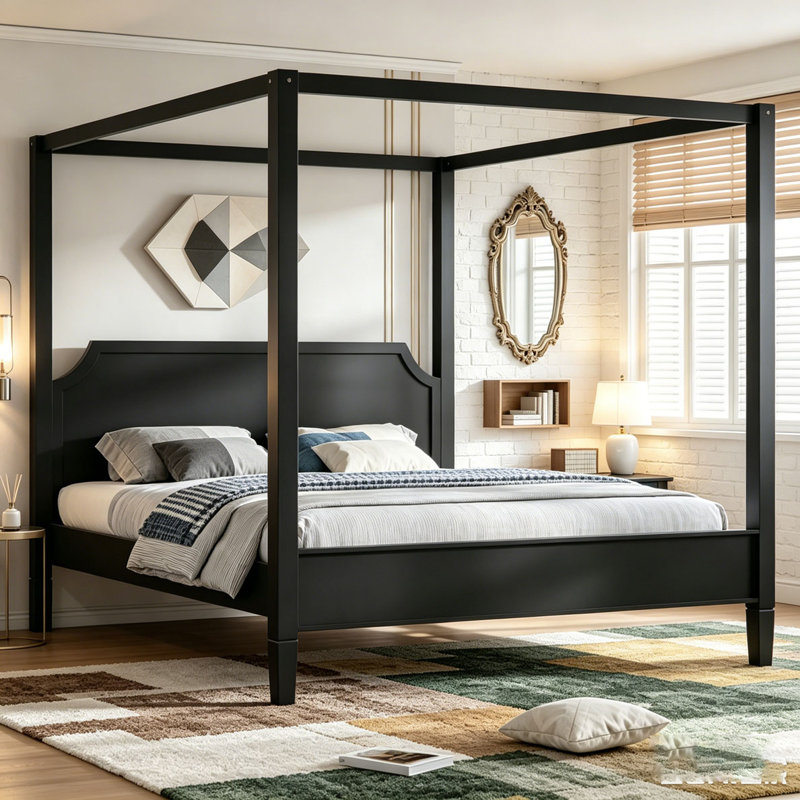 Lit plateforme à baldaquin en bois avec tête de lit, Grand lit, Noir