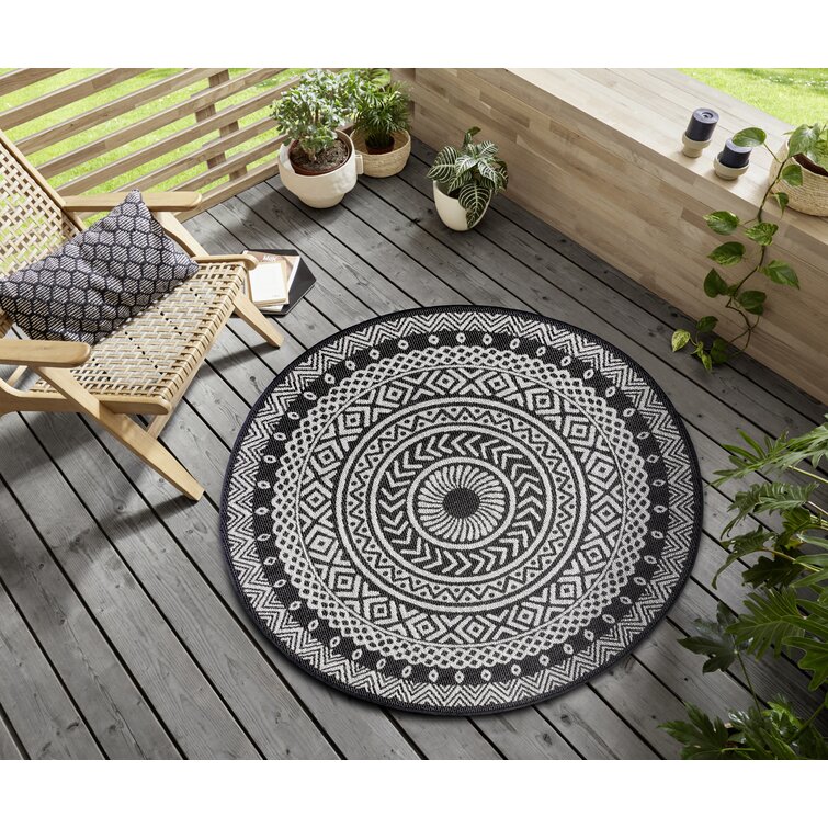 & Creme Outdoor Rund - & Teppich - Muster für Flachgewebe Garten Giro Schwarz Florales Northrugs Balkon, Bewertungen In-
