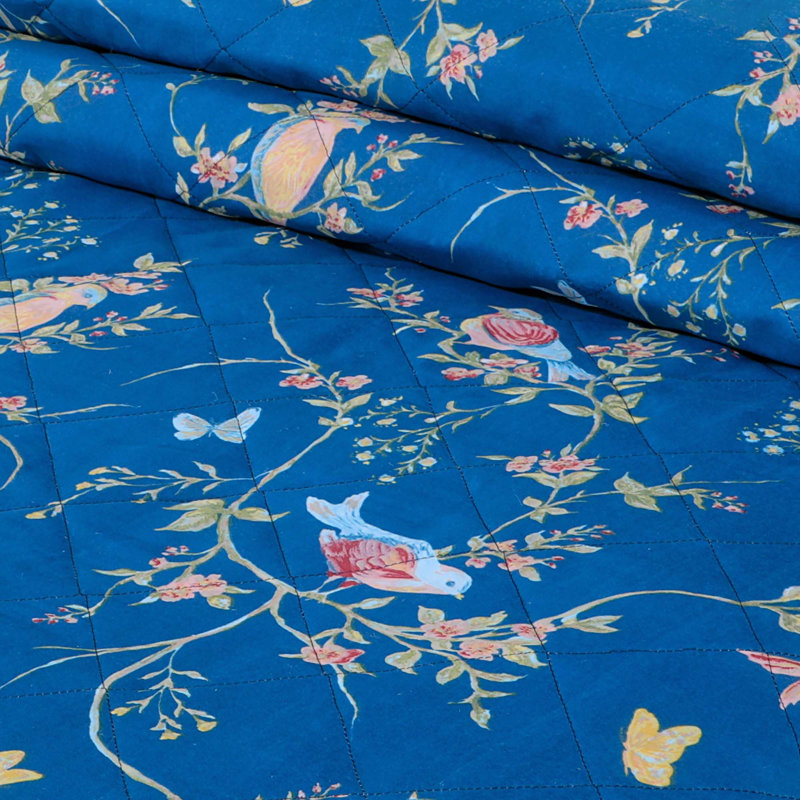 Kernberry Birds Floral Navy Bedspreads Set Quilted Bedspread sets with Bed Comforter Pillowsham, 250 x 260 cm