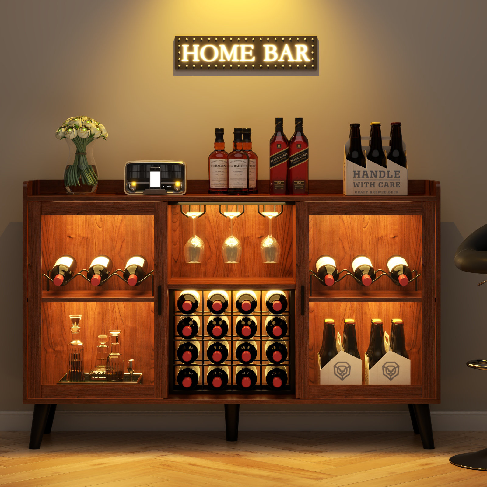 Wrought Studio Ermo Wine Bar Cabinet with Led Light, Home Coffee Cabinet with Wine and Glass Rack & Reviews | Wayfair