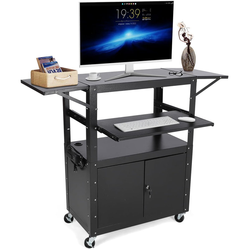 Height Adjustable Rolling AV Cart with Locking Cabinet