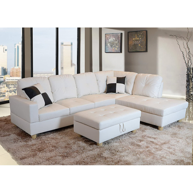  3 - Piece Faux Leather Sectional with Storage Ottoman, Right Hand Facing, White Faux Leather