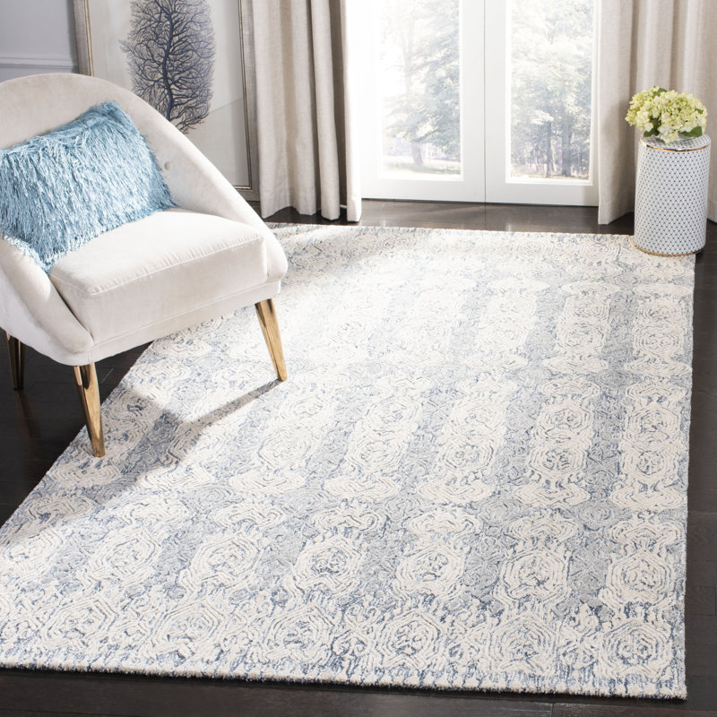 Tapis en viscose / laine touffeté à la main en ivoire / bleu Samaniego, Rectangle 6 pi x 9 pi
