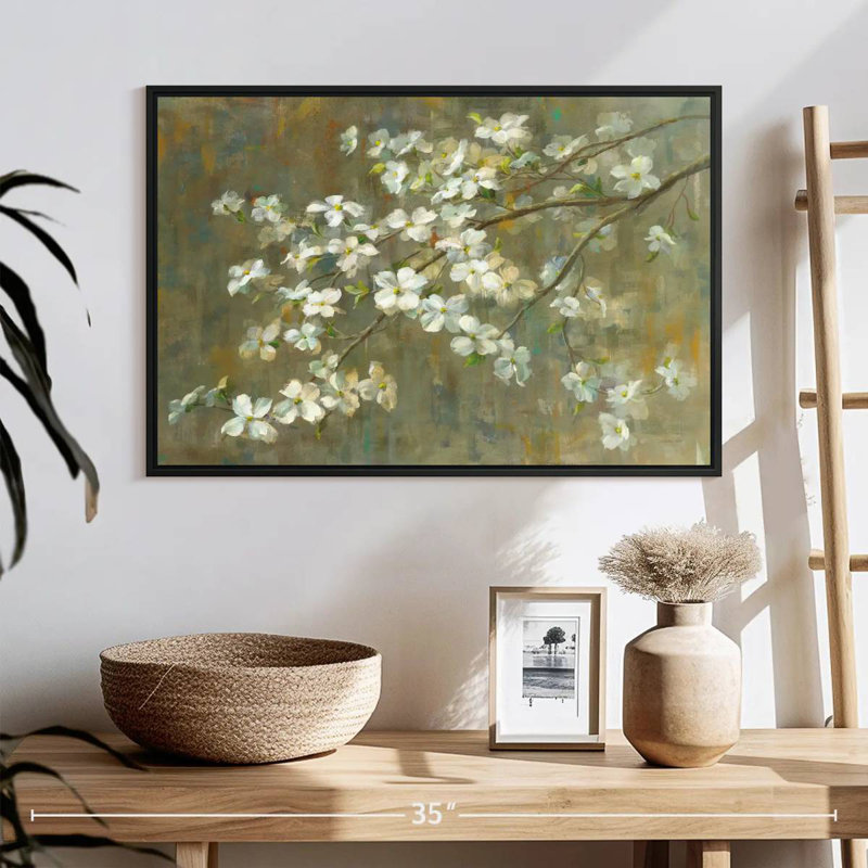 Cornouiller au printemps, 25 po x 17 po, Cadre flottant noir