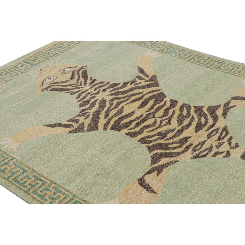 Rug & Kilim’S Distressed Tiger Skin Rug Design In Green With Pictorial, Rectangle 12' x 15'