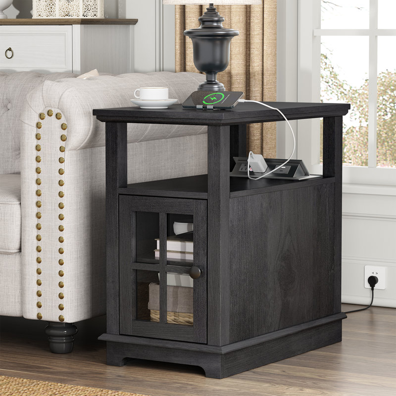 Boxley Tray Top End Table and Built-In Outlets, Dark Brown Top/Black Base