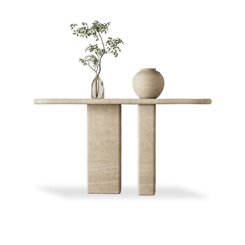 Beige Stone Oval Console Table, 33.46" H x 47.24" W x 13.78" D