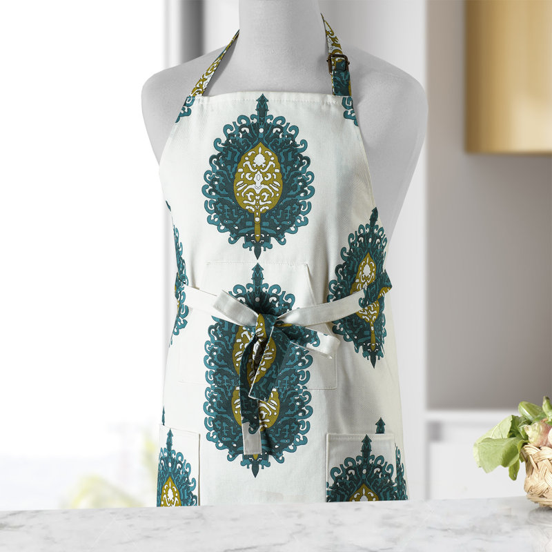 Printed Cotton Kitchen Apron with Pockets Adjustable, Mayan Teal