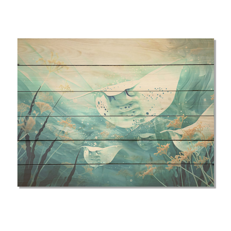 «Monochome Manta Rays Dance» - art mural bois de corail sous l'eau sur bois de pin naturel, H 30 po x l 40 po