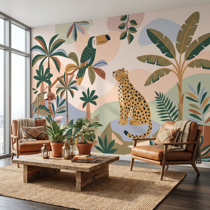 Papier peint léopard tropical, Non tissé non collé, 160 po x 108 po