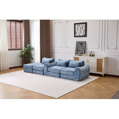 Canapé modulaire pliable Wave Star, tissu chenille pour le salon et la chambre à coucher, mobilier créatif confortable à extension instantanée avec 1 siège central, 1 repose-pieds et 1 chaise longue, bleu.