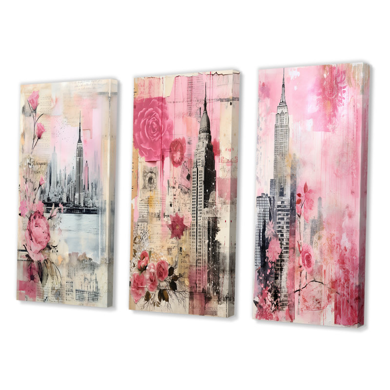 «Pink Vintage New York Empire State Building IV», 3 pièces sur toile, Toile tendue, H 40 po x l 60 po