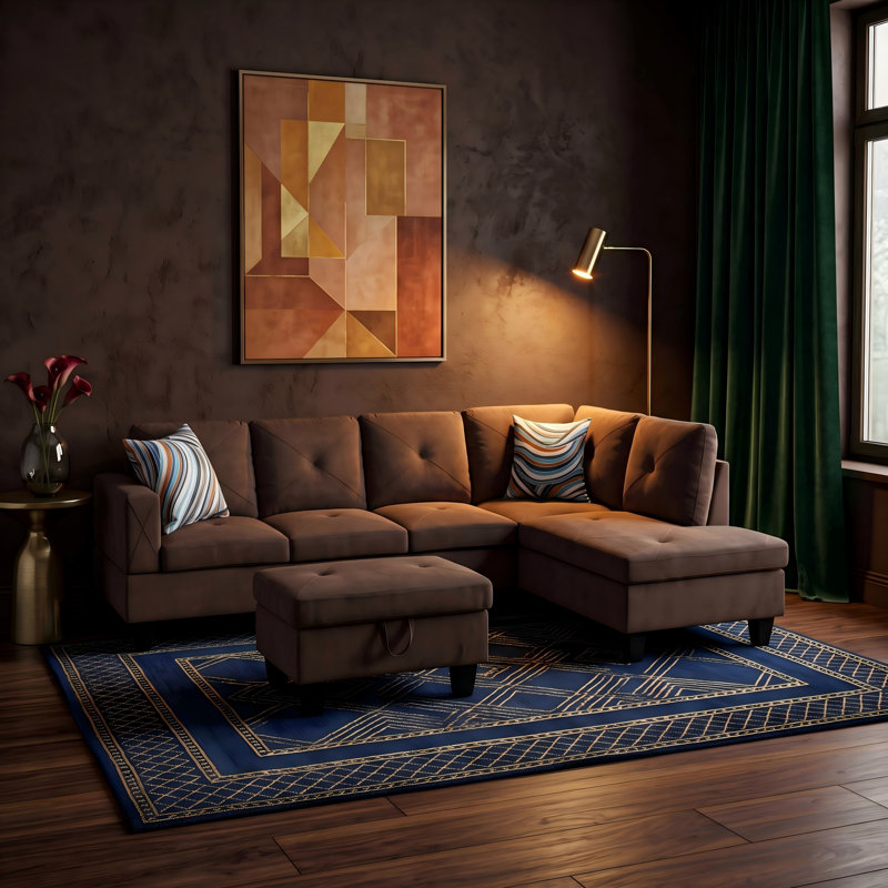 Canapé modulaire rembourré réversible avec repose-pieds, Brown Linen, Orienté à droite