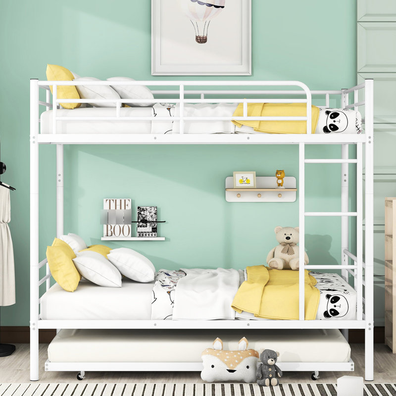 Lit superposé double en métal avec lit gigogne, cadre en fer blanc pour chambre à coucher de style contemporain et contemporain, garde-corps sécuritaire, peu encombrant, facile à assembler sur un lit gigogne et supportant des charges lourdes